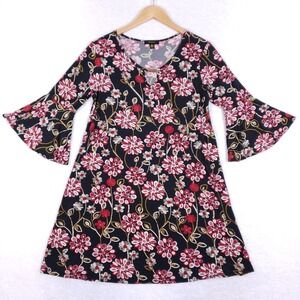 Expresso Women's Floral A-Line Dress Medium Black Red White Keyhole Boho Festiva